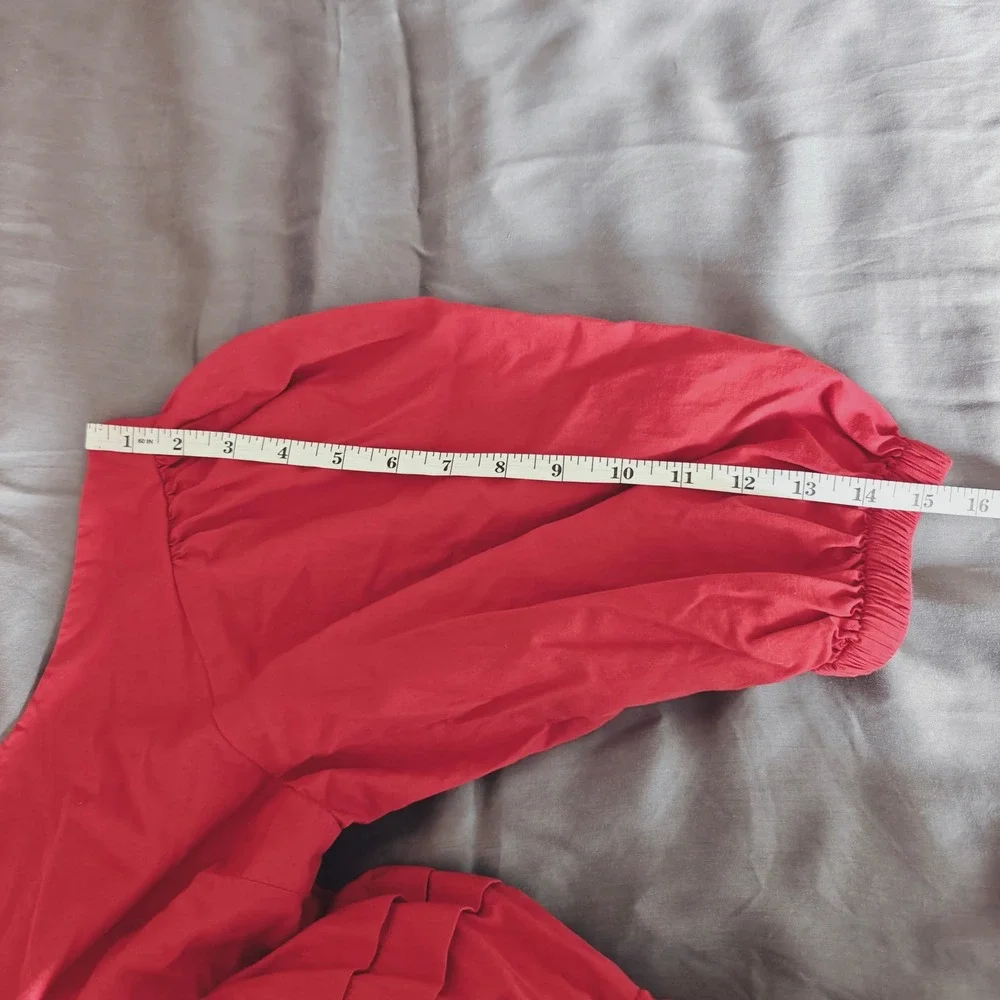 Red Cotton Puff Sleeve Babydoll Pintuck Tiered Mini Dress made by E.L.F. XL - Picture 10 of 11